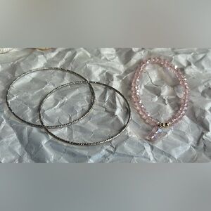 Girly Sparkly Bracelet lot - Pink beaded Bracelet and two Silver shiny bangles